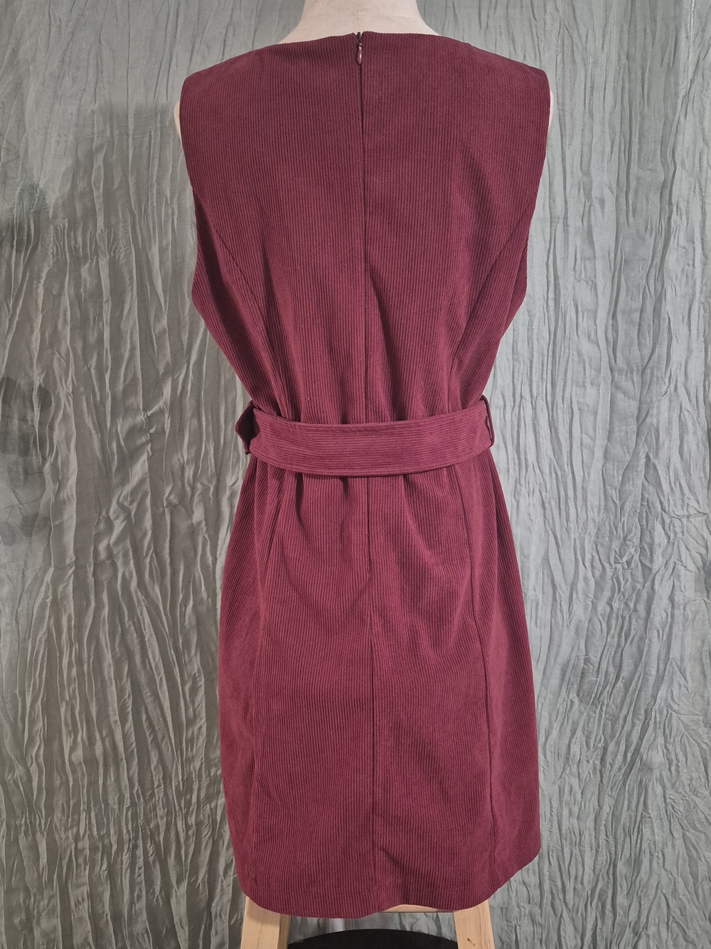 Sleeveless Corduroy Belted Mini Dress in Burgundy - Picture 4 of 5
